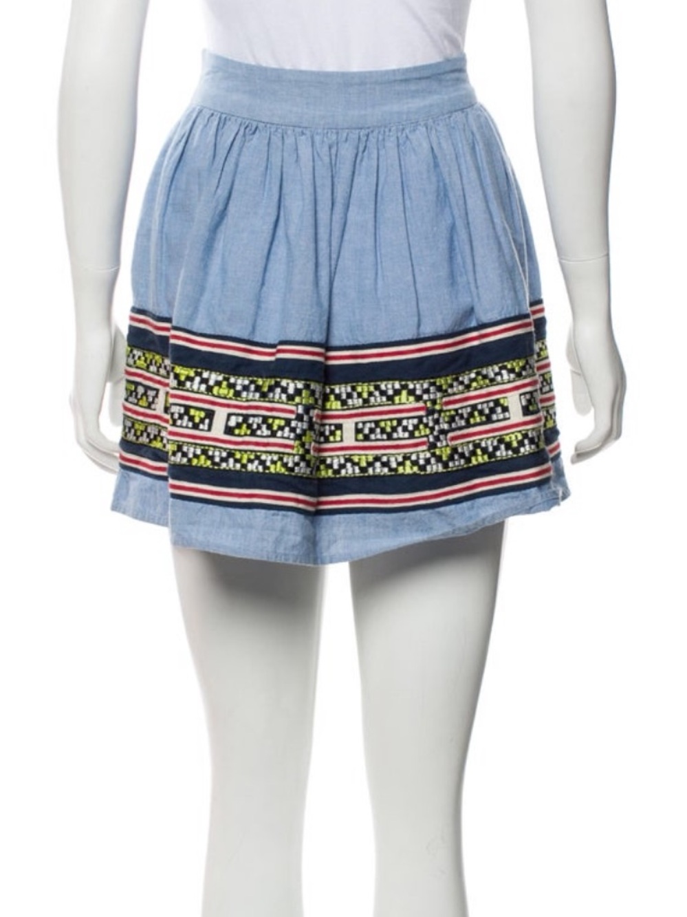 Gryphon Chambray Blue Gathered Shorts with Embroidered Trim